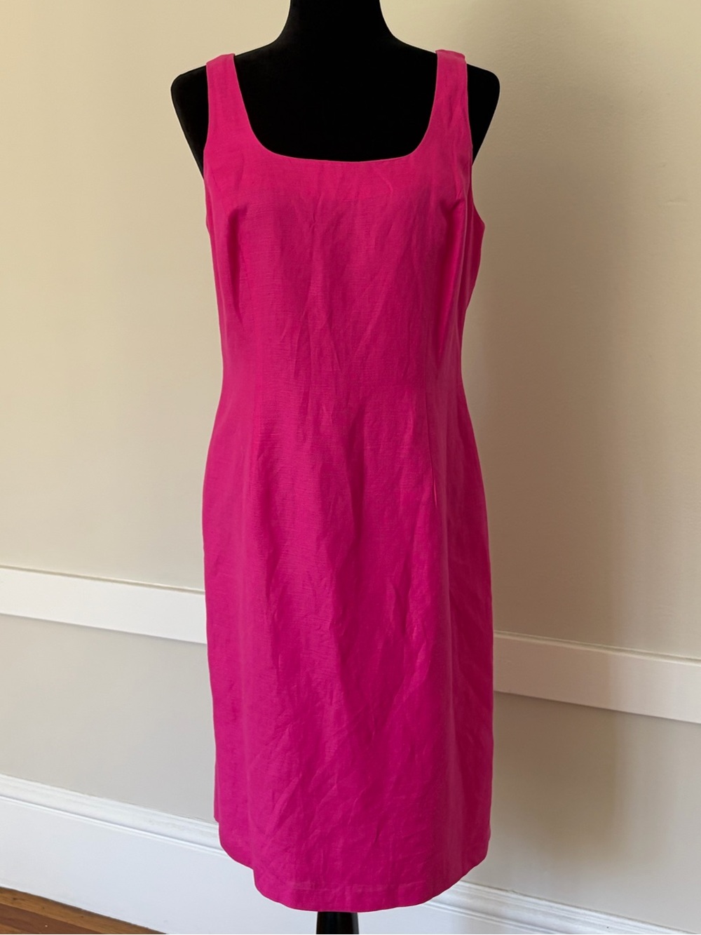 Newport News Linen Blend Square Neck Sleeveless Hot Pink Midi Sheath Dress Sz 10